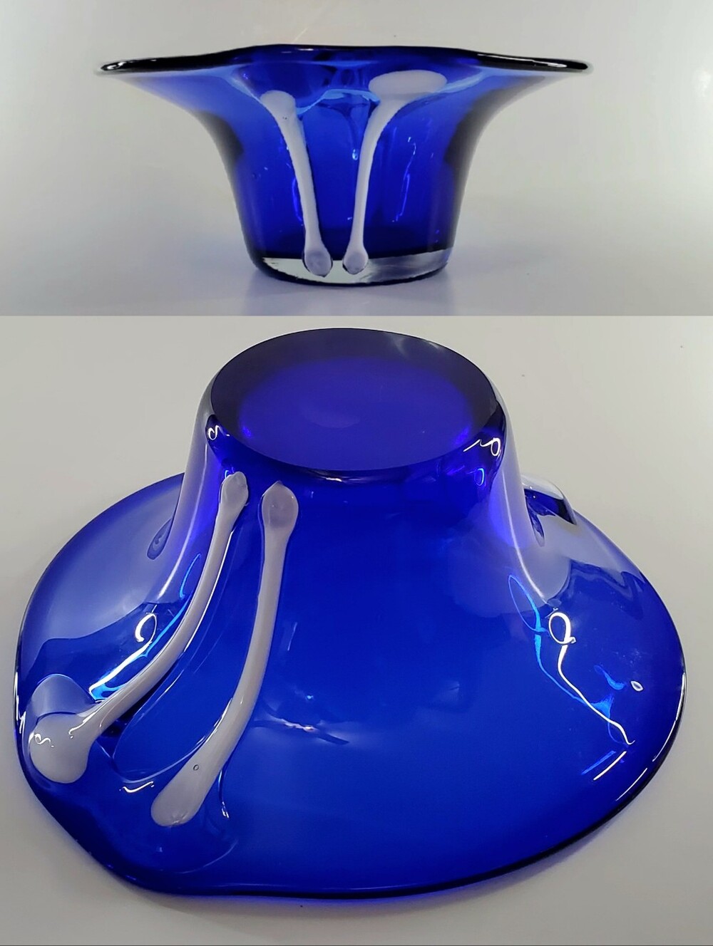 10 1/4" Bright Cobalt Blue White Cased Art Glass Free-form Bowl - Picture 2 of 16
